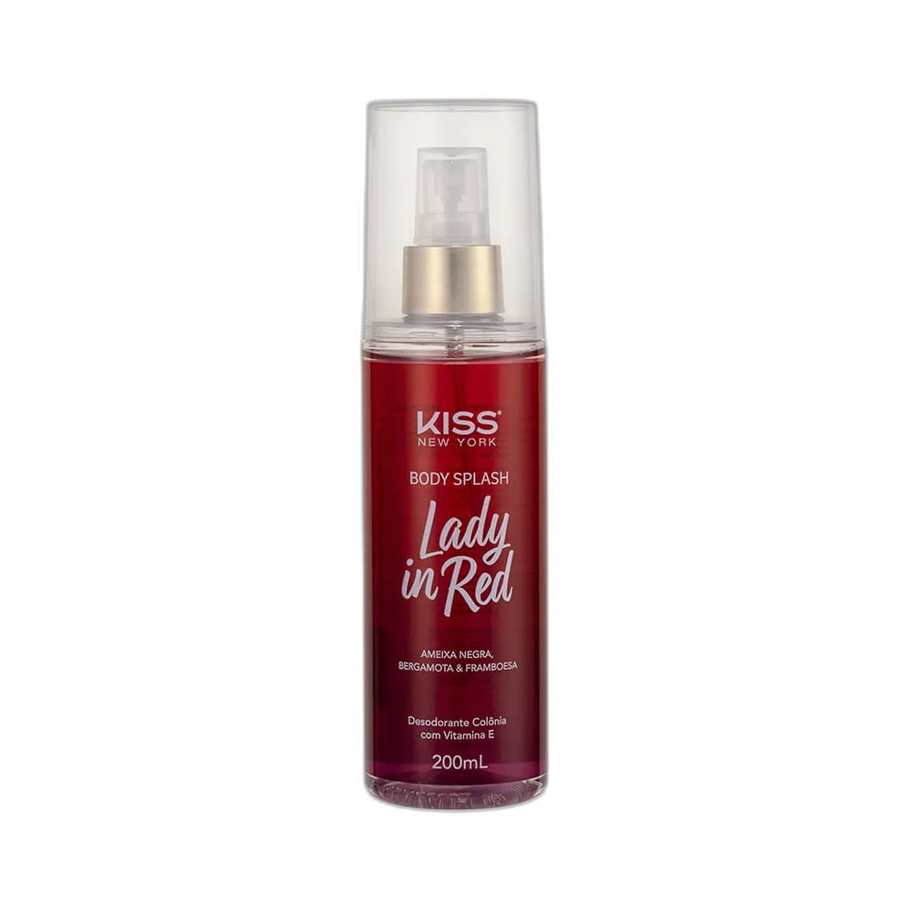 Frasco de Body Splash Kiss New York Lady In Red 200ml, vermelho translúcido com spray dourado